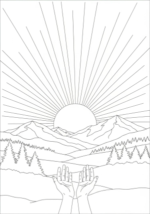 A radiant sunset over a peaceful landscape with open arms reaching towards the sky, representing love and devotion.