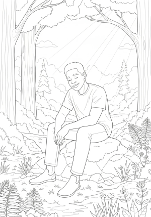 A peaceful scene of a person sitting calmly in a beautiful natural setting, expressing gratitude and contentment, with soft sunlight filtering through trees