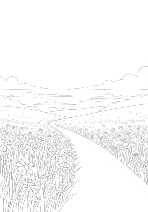 A serene landscape featuring a winding path through blooming fields under a gentle sky, symbolizing tranquility and thankfulness