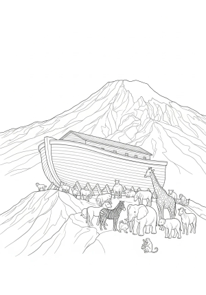 A serene depiction of Noah's Ark resting on Mount Ararat with animals gathered around nearby