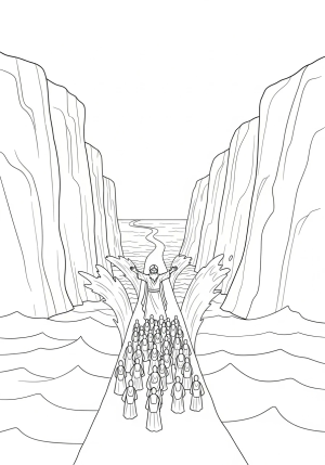 Moses parting the Red Sea with towering walls of water on either side, revealing the path ahead
