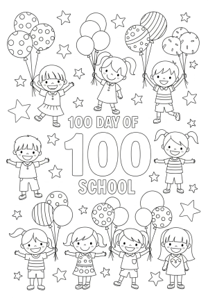 A cheerful scene of children celebrating the 100th day of school with balloons, stars, and a big number 100 in the center.