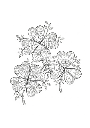 A detailed illustration of three four-leaf clovers intertwined with delicate vines and intricate patterns, suitable for a coloring page