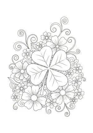 A whimsical scene featuring four-leaf clovers surrounded by ornate flowers and swirling decorative elements, designed for a coloring page