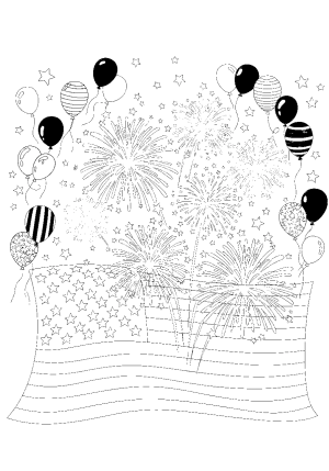 A festive scene featuring fireworks bursting over a American flag backdrop with balloons and stars filling the sky