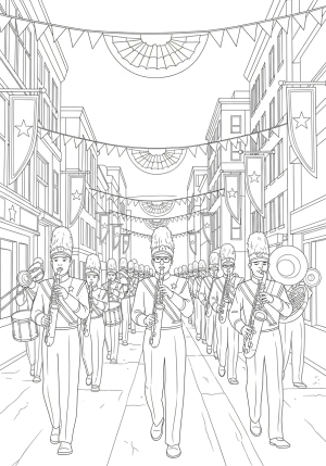 A detailed illustration of a marching band marching through a street lined with patriotic bunting and banners