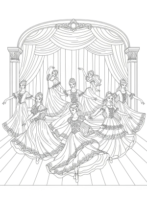 Nine elegant women dressed in flowing gowns performing a synchronized dance on a grand stage, with intricate patterns and graceful poses