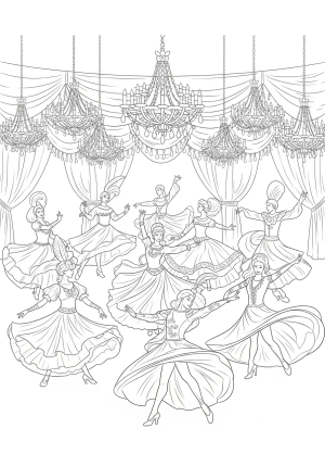A lively scene of nine dancers in ornate costumes swirling and twirling in a festive celebration under elaborate chandeliers and decorative drapery