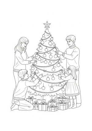 A cozy Christmas scene featuring a family decorating a beautifully adorned tree with presents beneath it.