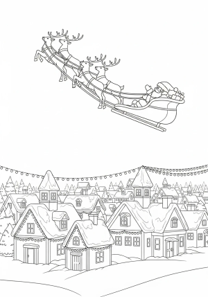 Santa Claus with his reindeer preparing to fly over a snow-covered village illuminated by festive lights.