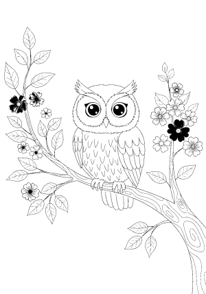 An adorable owl perched on a tree branch with surrounding leaves and flowers in a detailed line art style
