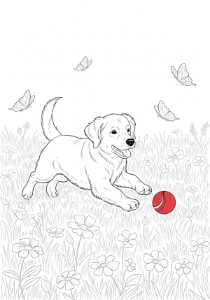 A playful puppy chasing a ball in a grassy field filled with flowers and butterflies in intricate line drawing