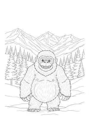 A detailed illustration of a cuddly yet mischievous abominable snow monster standing amidst snowy mountains and pine trees with a playful expression