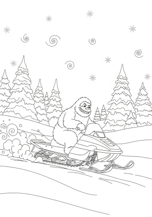 A whimsical scene featuring an abominable snow creature riding a snowmobile through a winter wonderland filled with swirling snowflakes and frosted trees