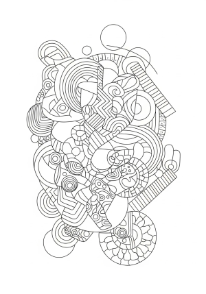 An elaborate composition of overlapping circles, rectangles, and organic shapes creating a dynamic abstract design