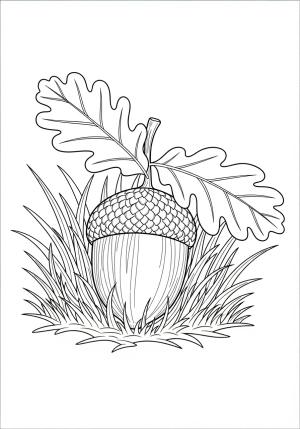 An acorn nestled on a patch of grass with intricate leaf details and a textured cap.