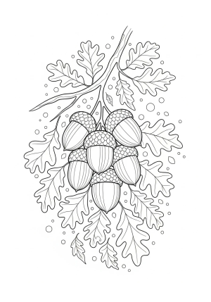 A whimsical cluster of acorns hanging from a tree branch surrounded by detailed leaves and tiny forest elements.