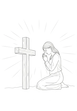 A peaceful scene of a person kneeling with folded hands in front of a simple cross, surrounded by gentle rays of light, with a calm and reflective atmosphere.