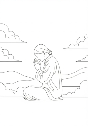 An individual sitting quietly in prayer with their head bowed and hands clasped together, set against a serene background of clouds and soft landscape elements.
