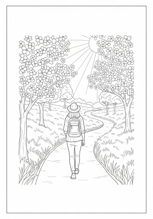 A peaceful scene of a person walking along a blooming, winding path surrounded by trees and sunlight, symbolizing hope and recovery