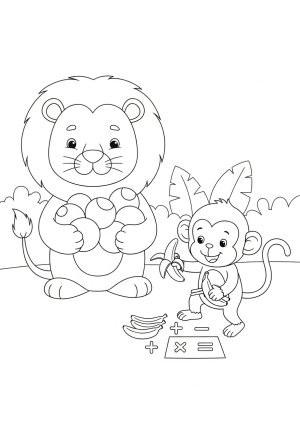 A playful scene with a friendly lion holding up a number of colorful balls and a small monkey adding and subtracting bananas in a jungle setting