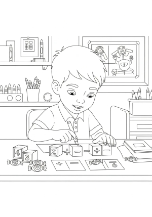 A whimsical classroom scene where a cheerful child is solving addition and subtraction problems using blocks and candies on a table
