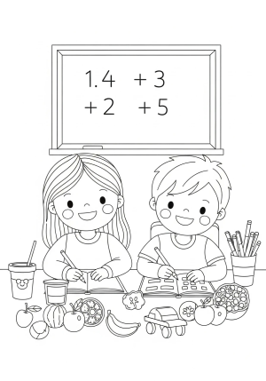 A cheerful scene of two children sitting at a table with various objects like fruits and toys, happily solving simple addition problems on a chalkboard behind them