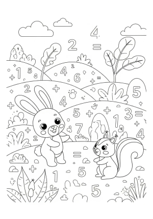 A whimsical landscape featuring friendly animals, such as a bunny and a squirrel, surrounded by numbers and mathematical symbols representing addition