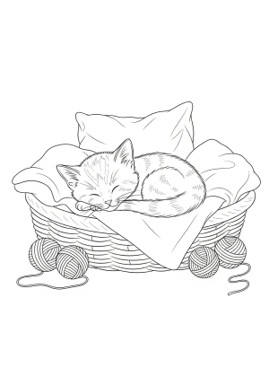 An adorable tiny kitten curled up and sleeping inside a cozy basket surrounded by soft blankets and playful yarn balls