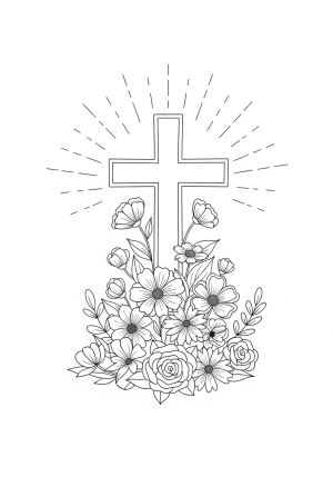 Intricate illustration of a peaceful cross surrounded by blooming flowers and gentle rays of light, evoking spiritual serenity