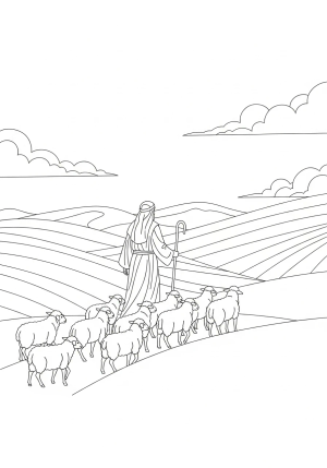 Elegant depiction of a shepherd guiding a flock through rolling hills under a peaceful sky, symbolizing guidance and faith