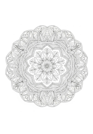 Intricate mandala design featuring symmetrical geometric patterns with floral accents and detailed line work