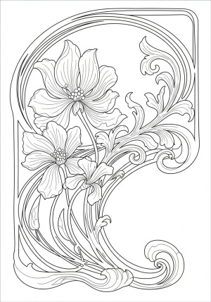 Elegant art nouveau scene with flowing lines, ornate floral motifs, and graceful curves inspired by vintage decorative arts