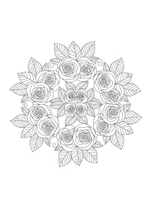 Elegant mandala-inspired floral design featuring swirling roses and leaves with symmetrical and intricate line work