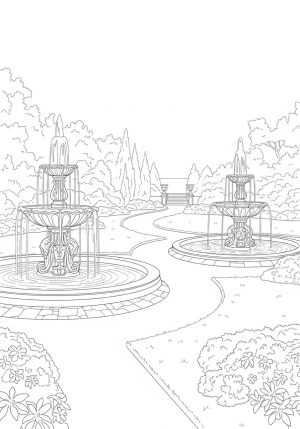 A serene scene of a peaceful garden with winding pathways, ornate fountains, and lush foliage rendered in detailed line art
