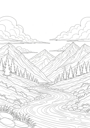 A serene mountain landscape with flowing lines depicting clouds, trees, and a calm river, capturing tranquility and inspiration