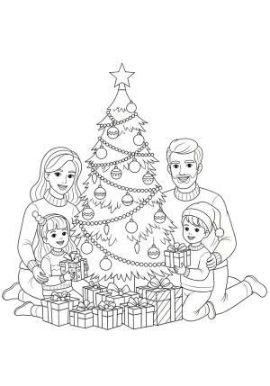 A joyful family gathered around a decorated Christmas tree with presents underneath, surrounded by twinkling lights and ornaments.
