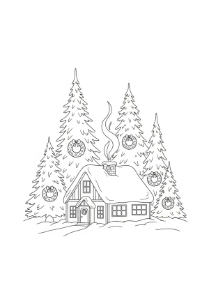 A cozy winter scene featuring a snow-covered cottage with smoke rising from the chimney, surrounded by pine trees and holiday wreaths.
