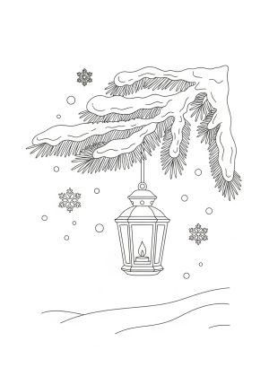 A cozy winter scene featuring a lantern hanging from a snow-covered pine tree with snowflakes gently falling around it