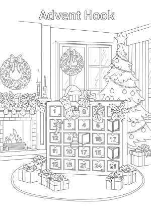 A festive Advent calendar with numbered doors and holiday decorations surrounding it, set in a cheerful holiday room