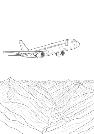A modern jetliner flying above mountains with a clear view of the landscape below