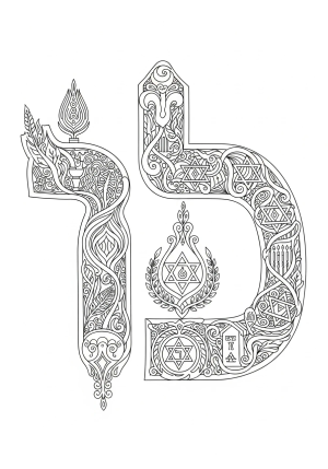 Detailed drawing of the Hebrew letter Bet intertwined with traditional Jewish symbols and motifs