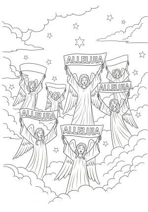 A joyful scene of angels singing and holding banners that say 'Alleluia' amidst a celestial background with stars and clouds