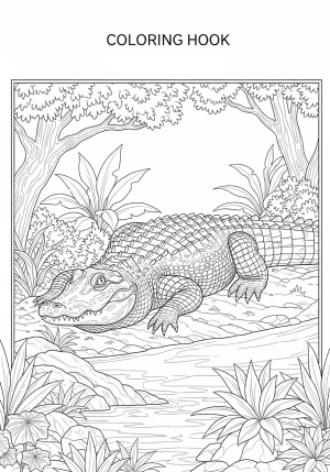 A detailed illustration of an alligator resting on the riverbank with lush plants and trees in the background