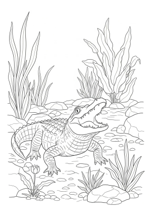 A playful scene of a young alligator with its mouth open, surrounded by rocks and aquatic plants in a swamp habitat