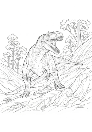 A detailed allosaurus roaring fiercely on a rocky hillside with trees in the background