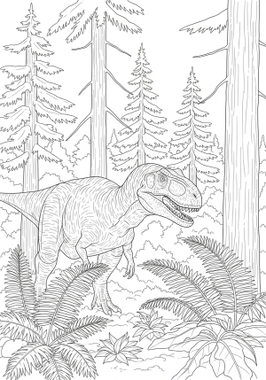 An allosaurus stalking through a prehistoric forest with ferns and coniferous trees surrounding it