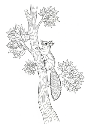 An adventurous squirrel climbing a tall, leafy tree branch with detailed bark texture and lush foliage.