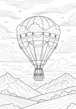 A whimsical hot air balloon floating above a scenic mountain landscape with detailed cloud patterns.