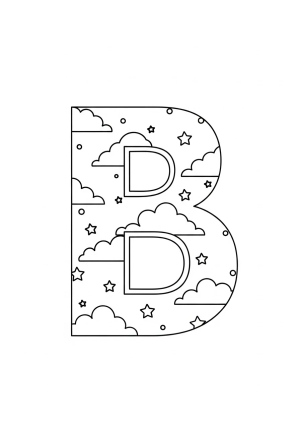 A playful letter B composed of whimsical cloud patterns and tiny stars scattered throughout